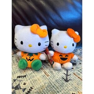 Two Halloween Sanrio Hello Kitty Small Plushes Pumpkins TY W Tags Jack O Lantern